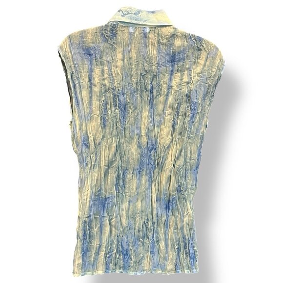 90's U Dress By Sharon Sleeveless Blue Yel Metallic Thread Ruffled Top New Large - Picture 2 of 8